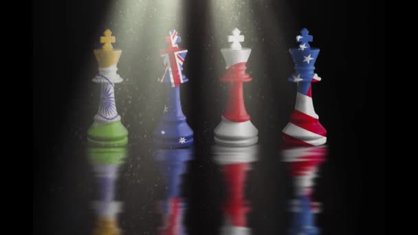 Japonsko Austrálie Usa Indie Quad Vlajky Zemí Šachový Král — Stock video