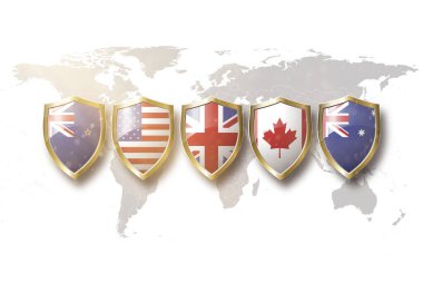 Avustralya, biz, Büyük Britanya, Kanada ve Yeni Zelanda bayrakları dünya haritasında altın kalkanda 5 göz ittifakı..