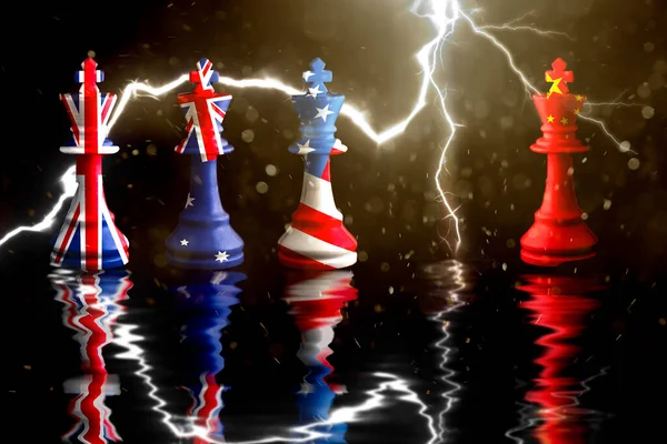 Avustralya ve Büyük Britanya bayrakları satranç kralı.aukus savunma anlaşmasının üzerini boyuyor. 3D illüstrasyon aukus Çin 'e karşı.
