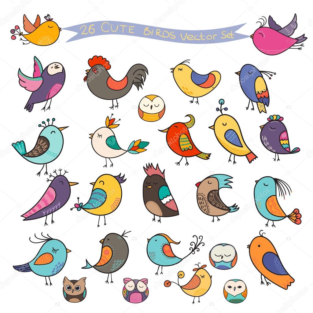 Set of 26 cute birds in vector. Cartoon collection with funny li