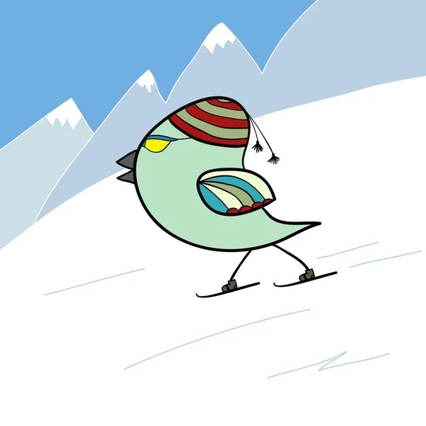 Pájaro verde invierno. Pájaro en esquís — Vector de stock