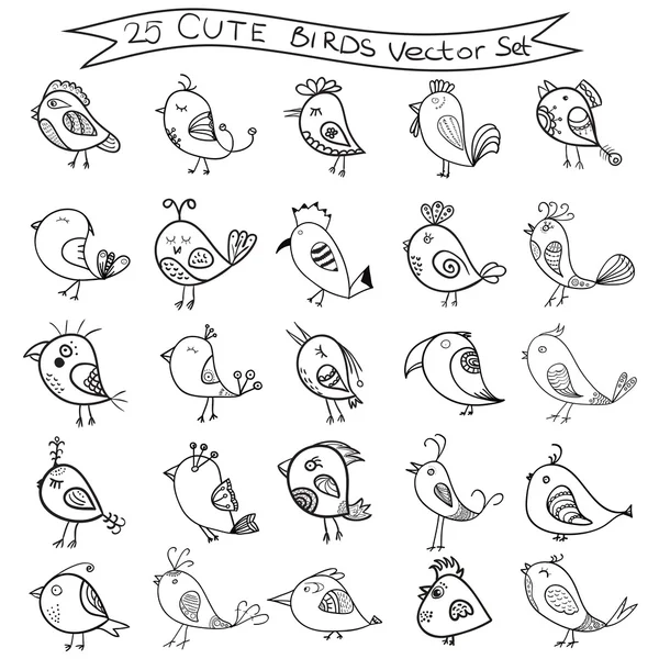 Set di 25 simpatici uccelli in vettore. Raccolta di scarabocchi per uccelli . — Vettoriale Stock