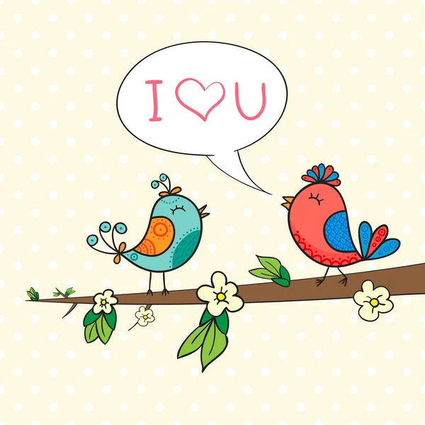 Cute bird couple on blossom branch — Stock Vector