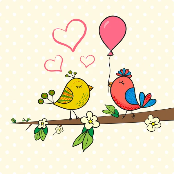 Graziosa coppia di uccelli sul ramo dei fiori . — Vettoriale Stock
