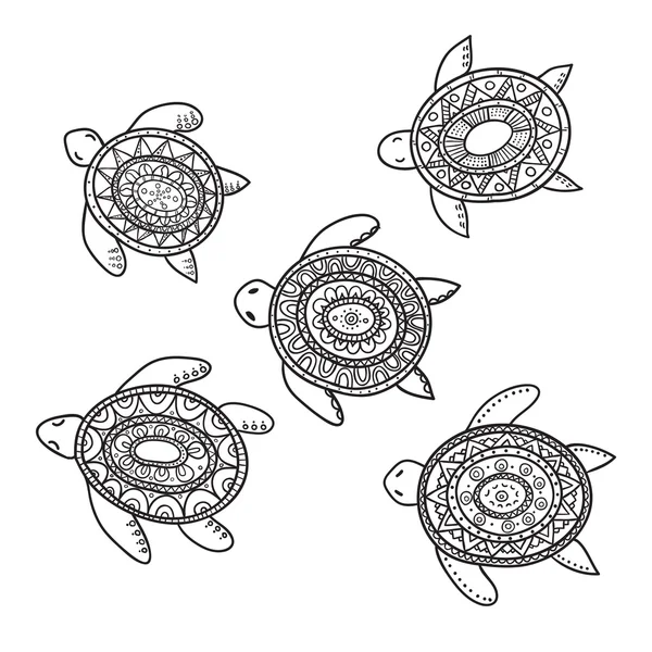 Conjunto de cinco lindas tortugas ornamentales decorativas . — Archivo Imágenes Vectoriales