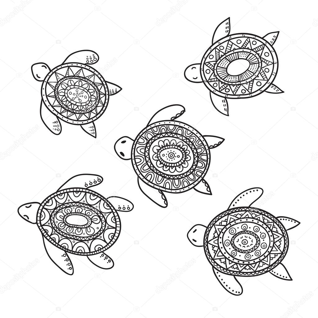 Set of five Cute decorative ornamental Turtles. Vector doodle illustration
