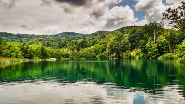 Hırvatistan 'ın Plitvice Ulusal Gölleri' ndeki güzel bir gölün panoramik manzarası. Kristal berrak su ve yemyeşil orman. Suda pürüzsüz bir yansıma. UNESCO Dünya Mirası.