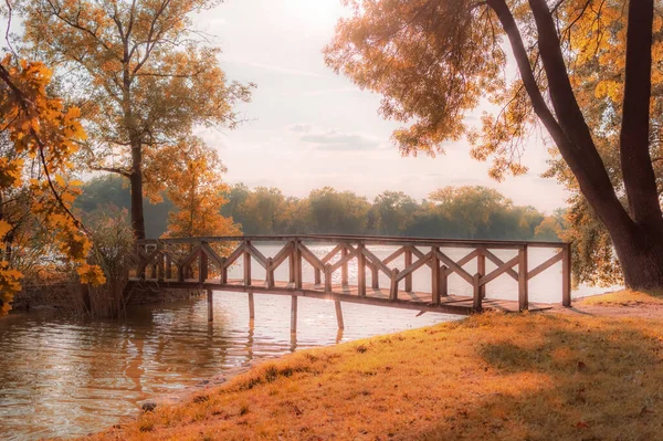 Piccolo Ponte Legno Sul Lago Nella Foresta Autunnale Dorata Fiaba — Foto Stock