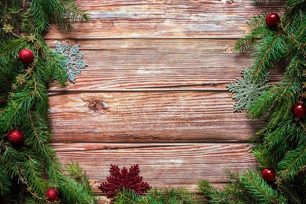 Ornamenti Natalizi Rami Pino Tavolo Legno Vacanze Sfondo Natale Copia — Foto Stock