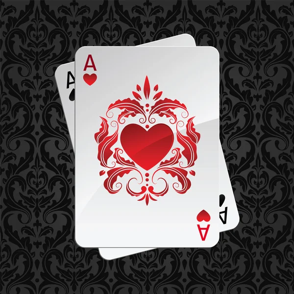 Two aces playing cards on black damask pattern(hearts) — Stock Vector