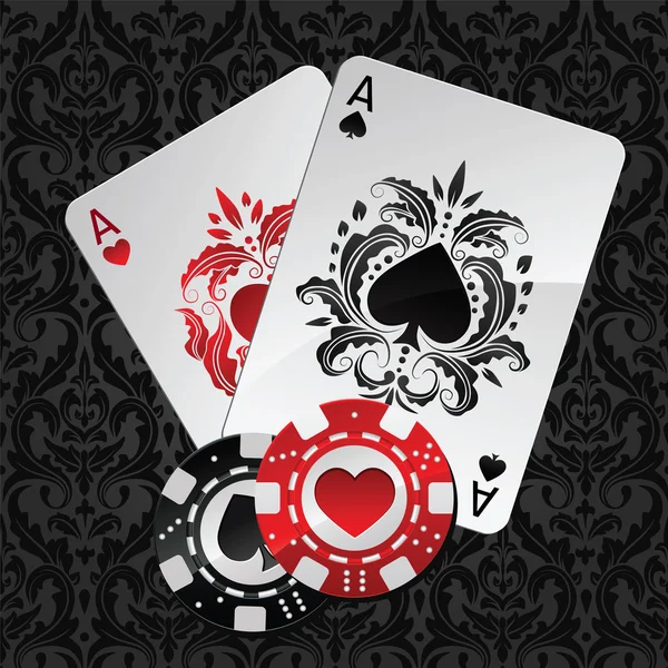 Dos ases jugando cartas y fichas de póquer — Vector de stock