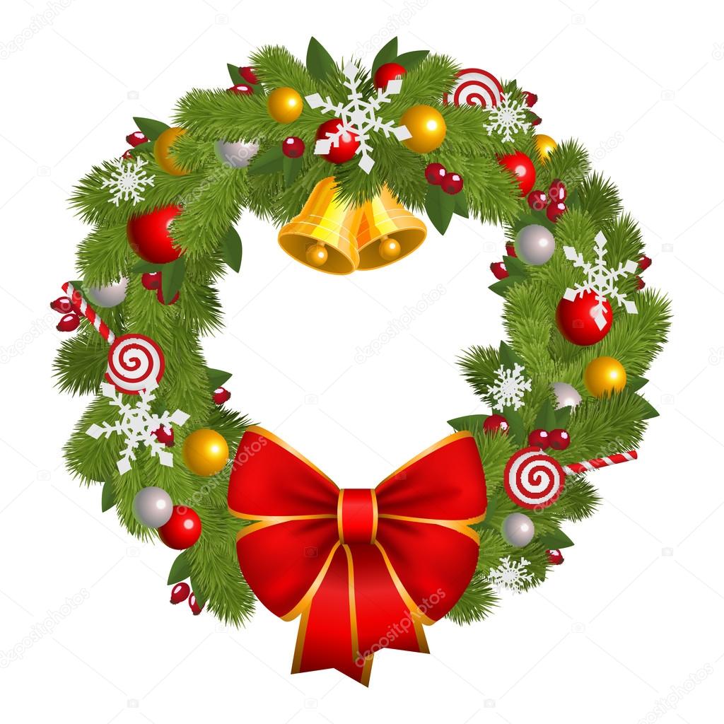 Christmas wreath with red bow  isolated on whitw