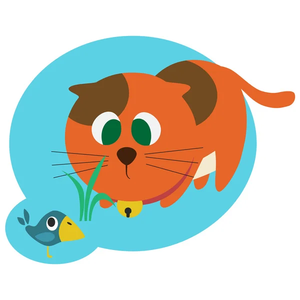 Red cat hunting the bird — Stock Vector