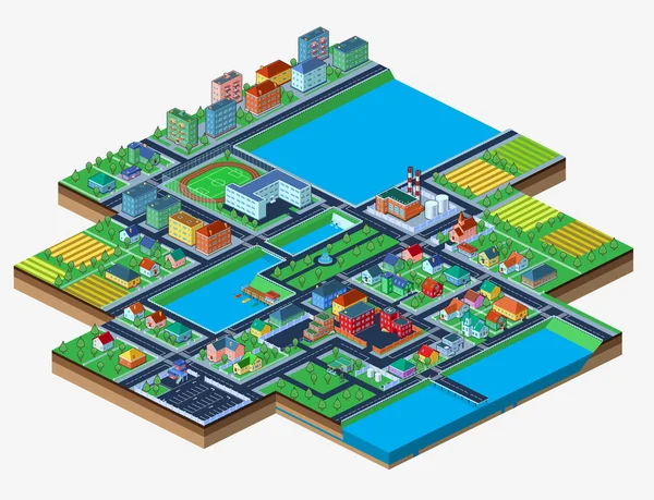 Ciudad isométrica vectorial aislada en blanco con muchos edificios — Vector de stock