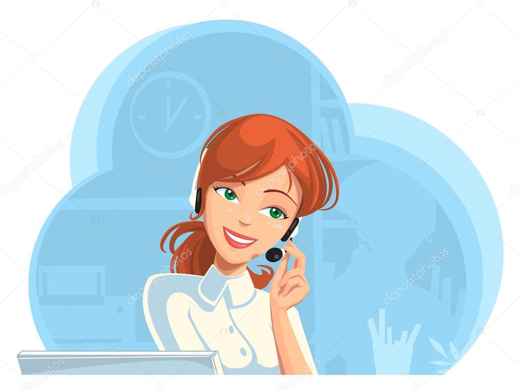 Smiling support phone female operator in headset at office.