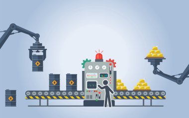 Vector illustration. Turning oil barrels into gold bars.