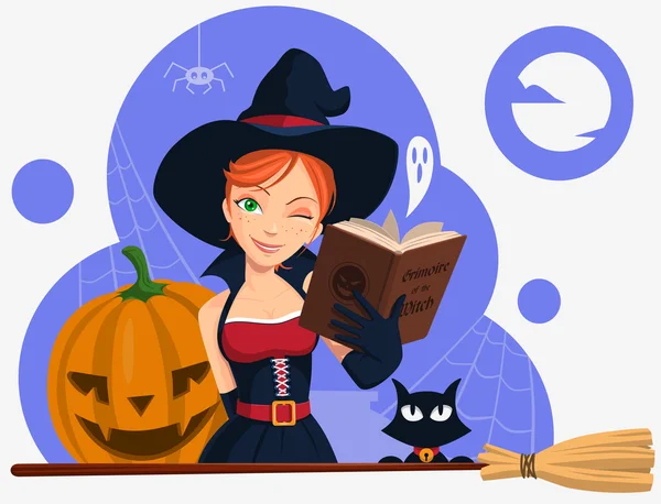 Young witch with cat broom and pumpkin — Stock Vector