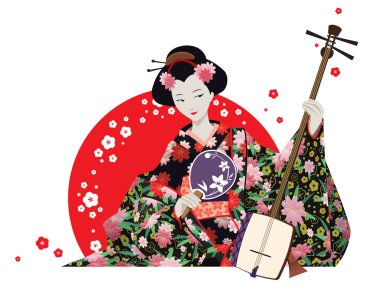 Çekici geyşa Fan ve Shamisen ile kimono giymiş.