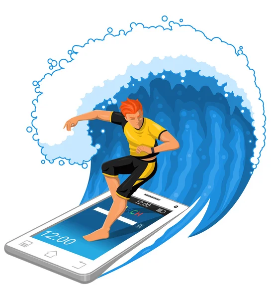 Mannelijke Surfer rijdt Big Wave permanent op Smartphone. — Stockvector