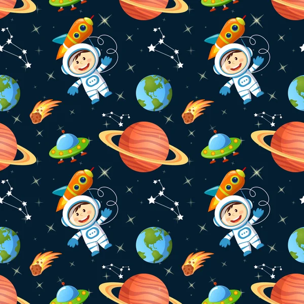 Dětský bezproblémový vesmírný vzor s astronautem, Zemí, saturnou, UFO, raketami a hvězdami — Stockový vektor