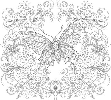 Kelebek ve çiçek süsleme. Yetişkin antistress boyama sayfası