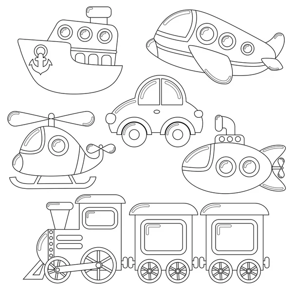 Conjunto de icono de transporte de dibujos animados. Coche, submarino, barco, avión, tren, helicóptero — Vector de stock