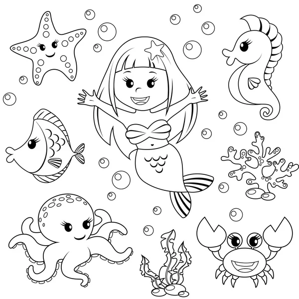 Sirena y animales marinos. Peces, estrellas de mar, pulpo, caballitos de mar . — Vector de stock