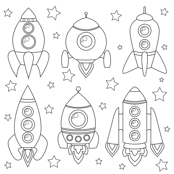 Nave espacial de dibujos animados. Ilustración en blanco y negro para colorear libro — Vector de stock