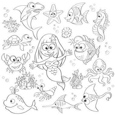 Büyük dizi sevimli çizgi deniz hayvanları ve deniz kızı