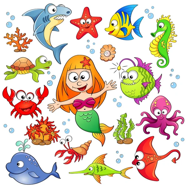 Conjunto de dibujos animados lindos animales de mar y sirena — Archivo Imágenes Vectoriales
