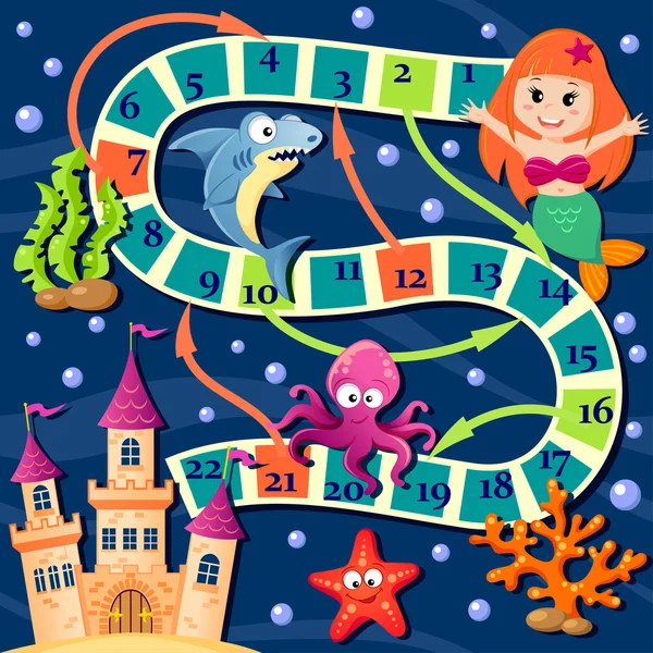 Board game with mermaid and sea animals — Stock Vector
