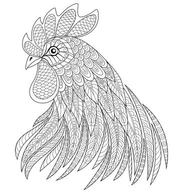 Horoz kafası zentangle tarzı. Çin yeni yıl 2017 sembolü. Yetişkin anti stres boyama sayfası. Siyah ve beyaz el boyama kitabı için çizilmiş doodle
