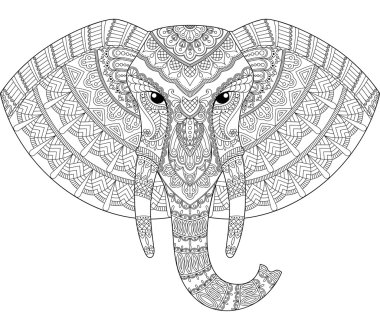 Fil kafa zentangle tarzı. Yetişkin antistress boyama sayfası. Siyah ve beyaz boyama kitabı için çizilmiş doodle ver. Etnik desen, süs. Afrika, Hint tasarım