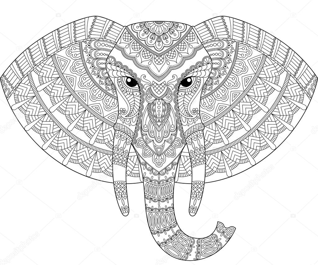 Elephant head in zentangle style. Adult antistress coloring page. Black and white hand drawn doodle for coloring book. Ethnic pattern, ornament. African, indian design