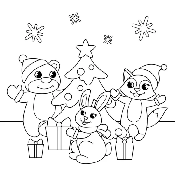 Urso Bonito Dos Desenhos Animados Raposa Coelho Torno Árvore Natal — Vetor de Stock