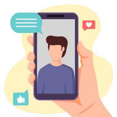 Video call with young man. Hand holding smartphone with boy on screen. Flat vector illustration clipart