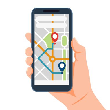 Navigasyon şehir haritasıyla el ele tutuşan cep telefonu. Haritalı mobil uygulama. Akıllı telefonda GPS navigasyonu. Seyyar seyir subayı. Düz vektör illüstrasyonu