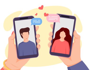 Mobil uygulamada flört. İnternetten randevulaşma. Ekranda kadın ve erkeğin olduğu akıllı telefonları tutan eller. Genç bir çift. Sosyal ağda aşk kavramı