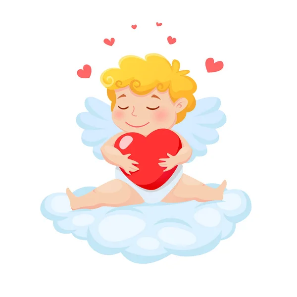 Mimpi Manis Cupid Dengan Hati Duduk Atas Awan Vektor Ilustrasi - Stok Vektor