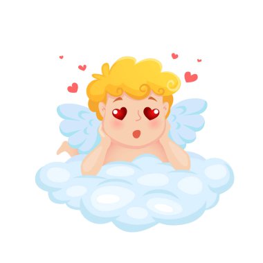 Sevimli çizgi film Aşk Tanrısı bulutların üzerinde süzülüyor. Sevgililer Günü için İllüstrasyon