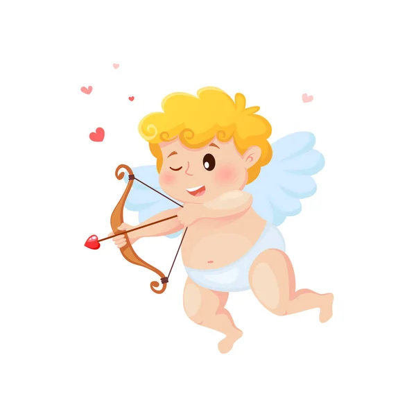 Linda Caricatura Cupido Con Arco Flecha Amor Corazones Ilustración Para — Vector de stock