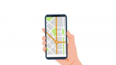 Navigasyon şehir haritasıyla el ele tutuşan cep telefonu. Haritalı mobil uygulama. Akıllı telefonda GPS navigasyonu. Seyyar seyir subayı. Düz biçimli 4K animasyonu