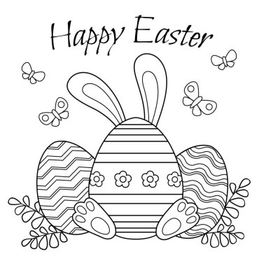 Mutlu Paskalyalar. Tavşan kulaklı Paskalya yumurtası. Siyah ve beyaz vektör çizimi izole edildi