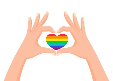 Hands make heart signwith LGBT rainbow color. Love is love. Pride concept. Vector illustration