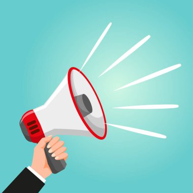 Hand holding megaphone. Vector illustration in flat style