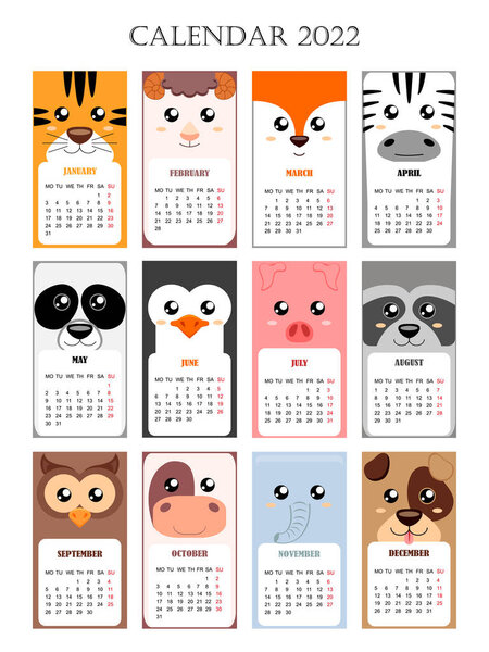 Calendar 2022 with tiger, cow, pig, sheep, fox, zebra, panda, penguin, raccoon, owl, elephant, dog