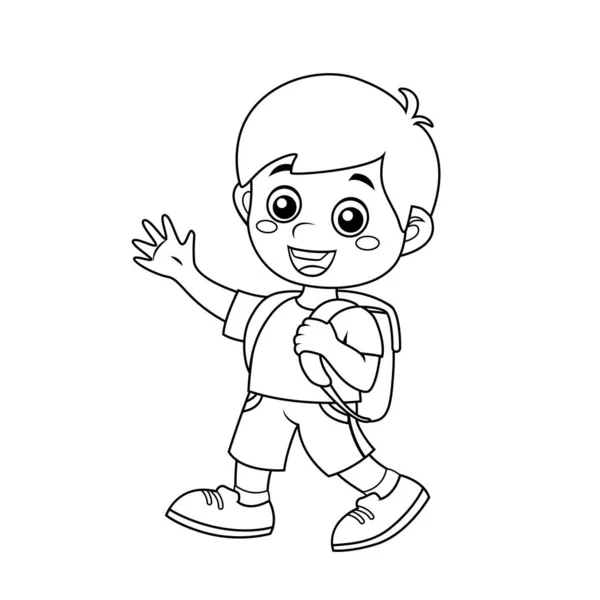 Boy School Bag Back School Concept Black White Vector Illustration — Stock Vector