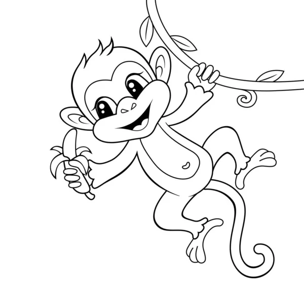 Cute Monkey Banana Black White Vector Illustration Coloring Book — Stock Vector