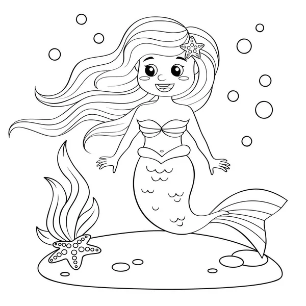 Cute Little Mermaid Black White Illustration Coloring Book — Stock Vector