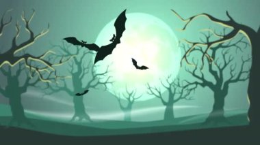 Uçan yarasalarla Cadılar Bayramı manzarası ve Mutlu Cadılar Bayramı mesajı. Animasyon, 4k stok görüntü